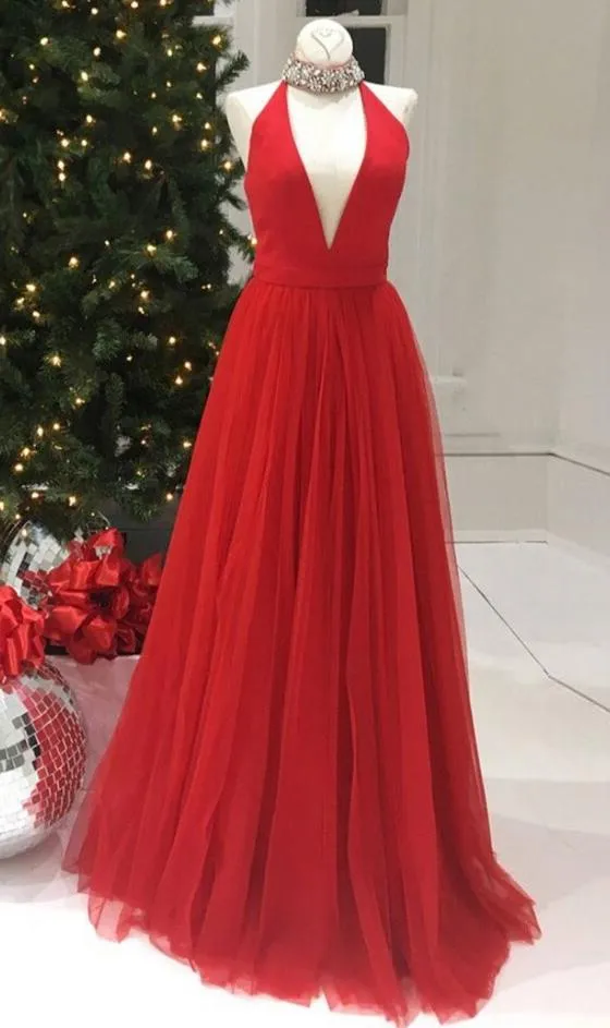 Newly A-Line/Princess V Neck Red Tulle 2025 Prom Dresses