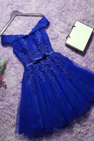 Off the Shoulder Blue Lace Prom Dresses Off Shoulder Blue Homecoming Dresses Short Blue Lace Formal Evening Dresses