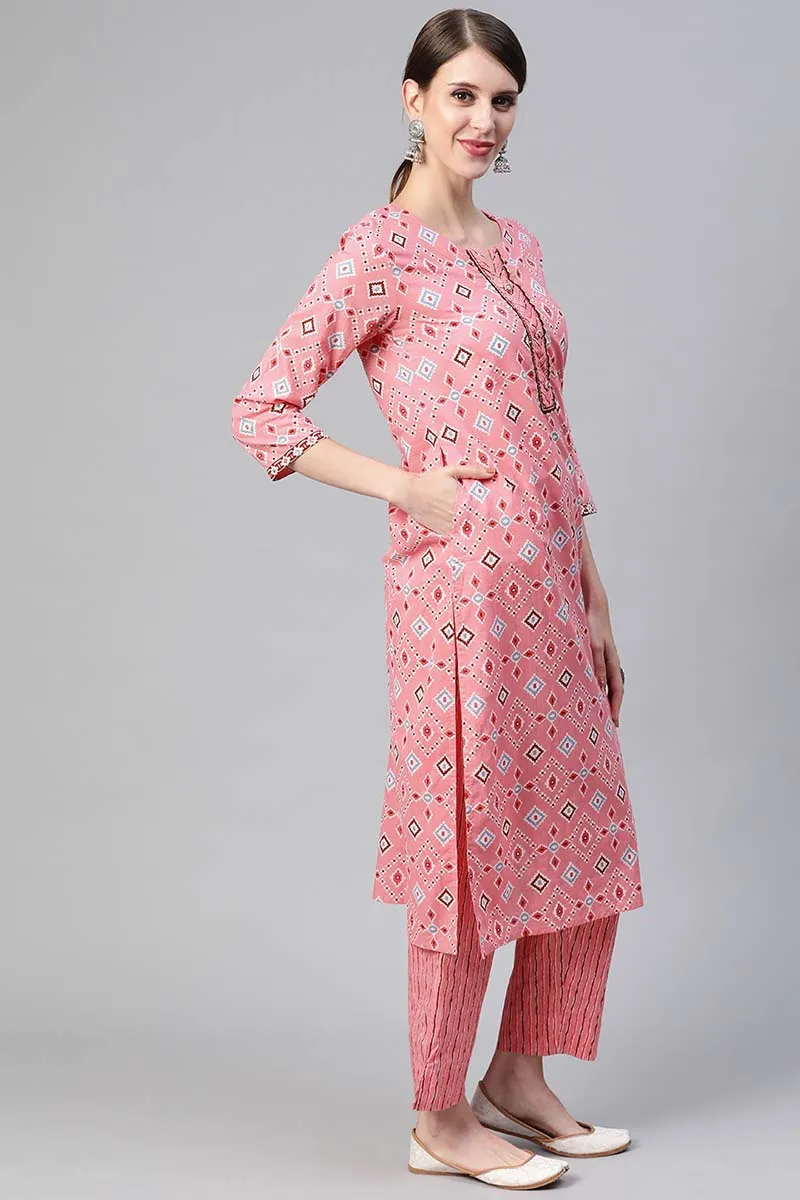 Pink Cotton Geometric Printed Straight Suit Set