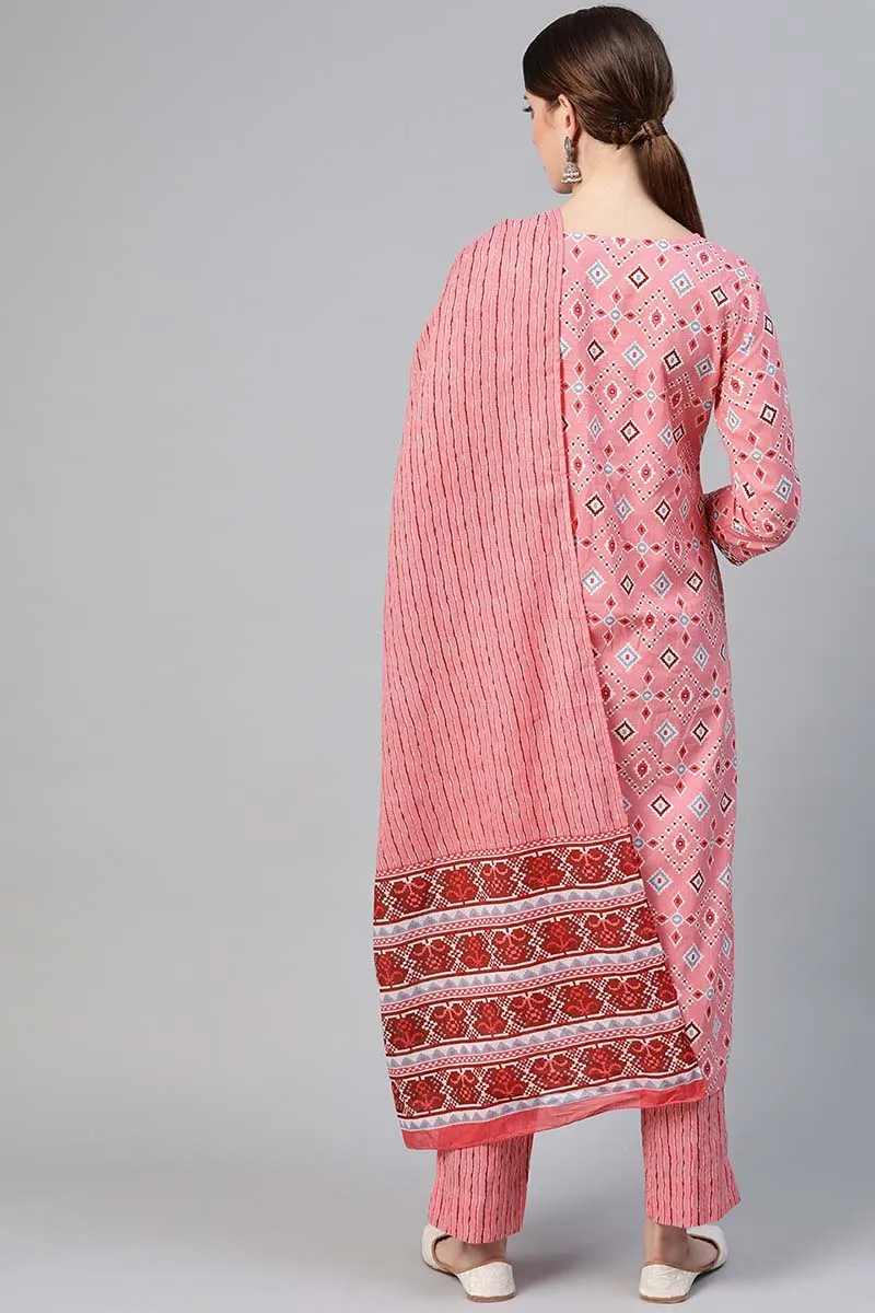 Pink Cotton Geometric Printed Straight Suit Set