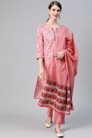 Pink Cotton Geometric Printed Straight Suit Set