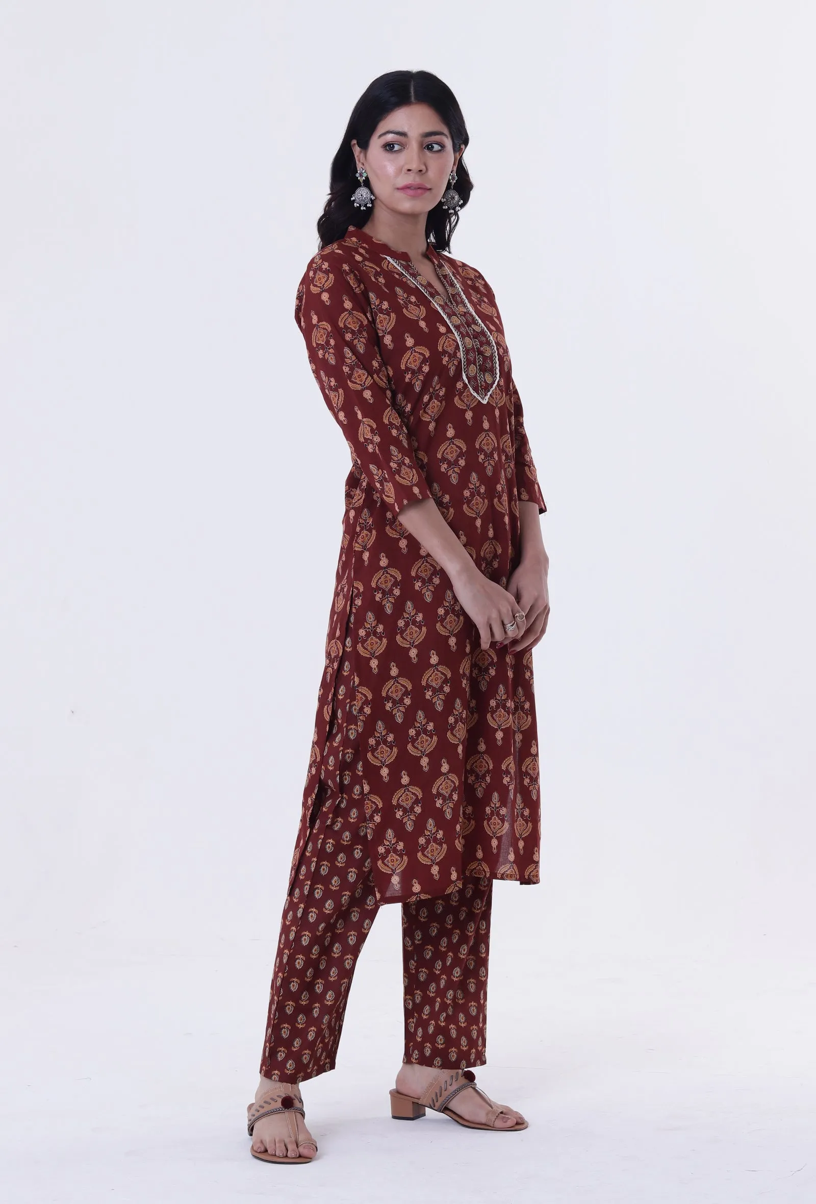 Red & Multicolor Cotton Block Printed Kurta