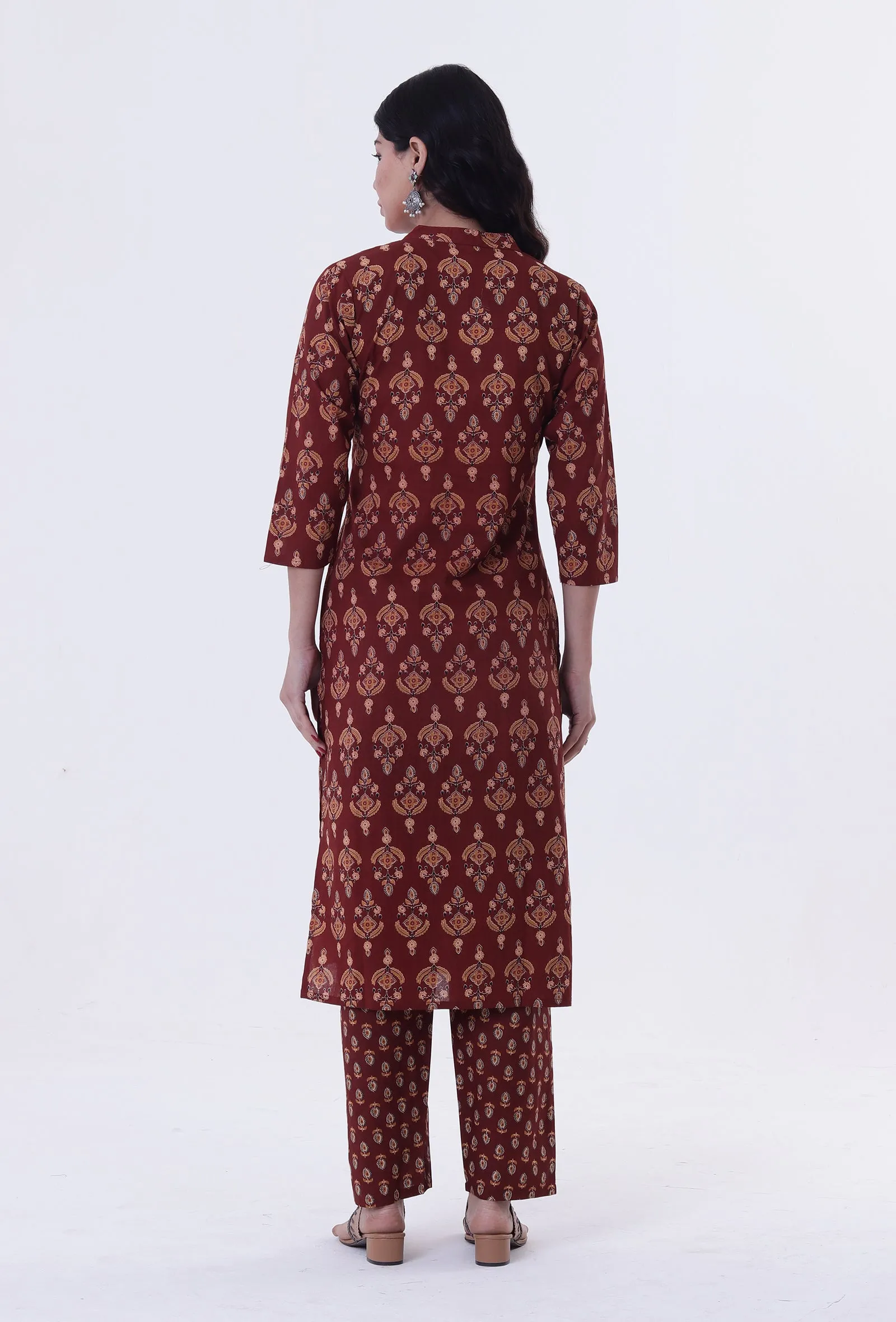 Red & Multicolor Cotton Block Printed Kurta