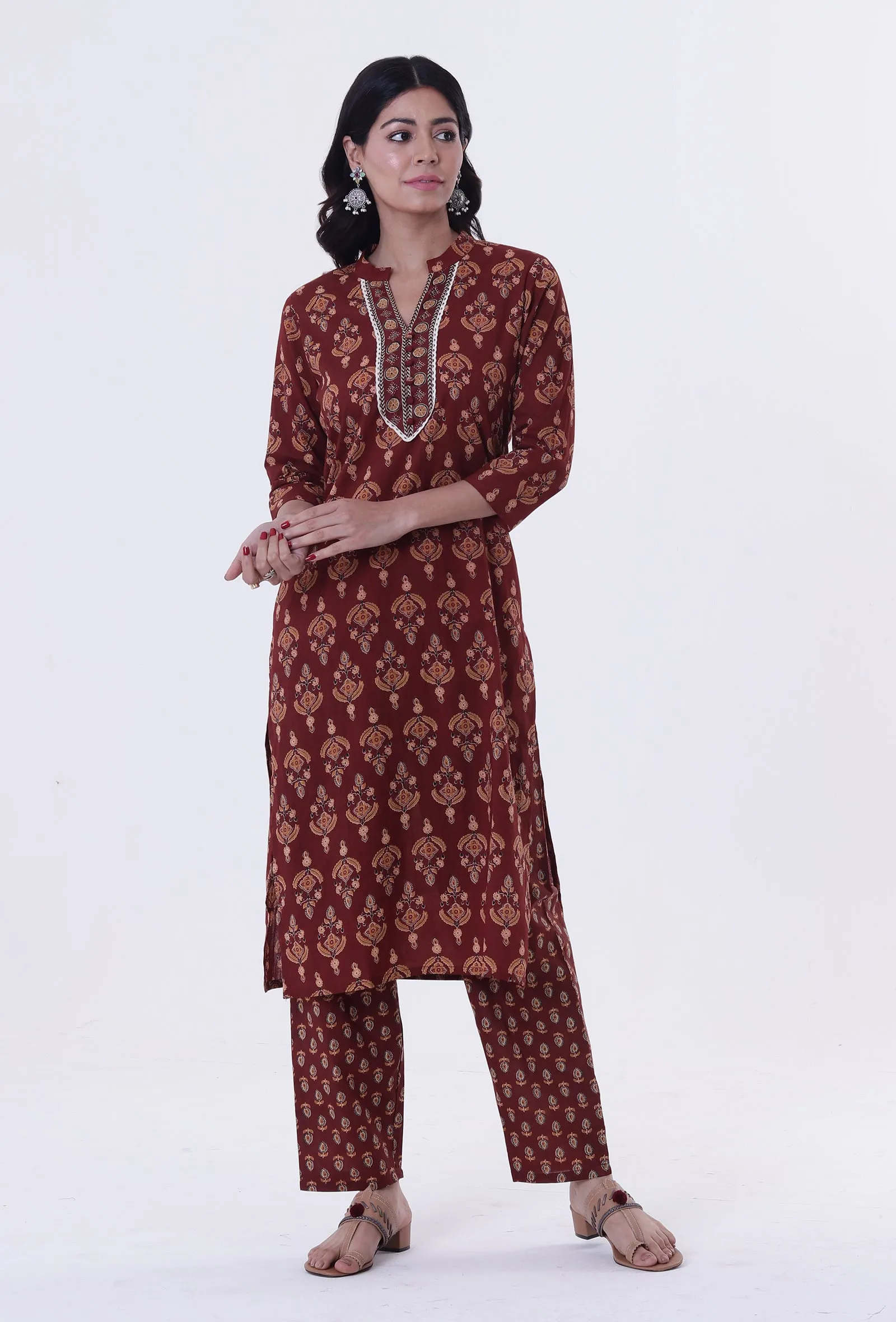 Red & Multicolor Cotton Block Printed Kurta