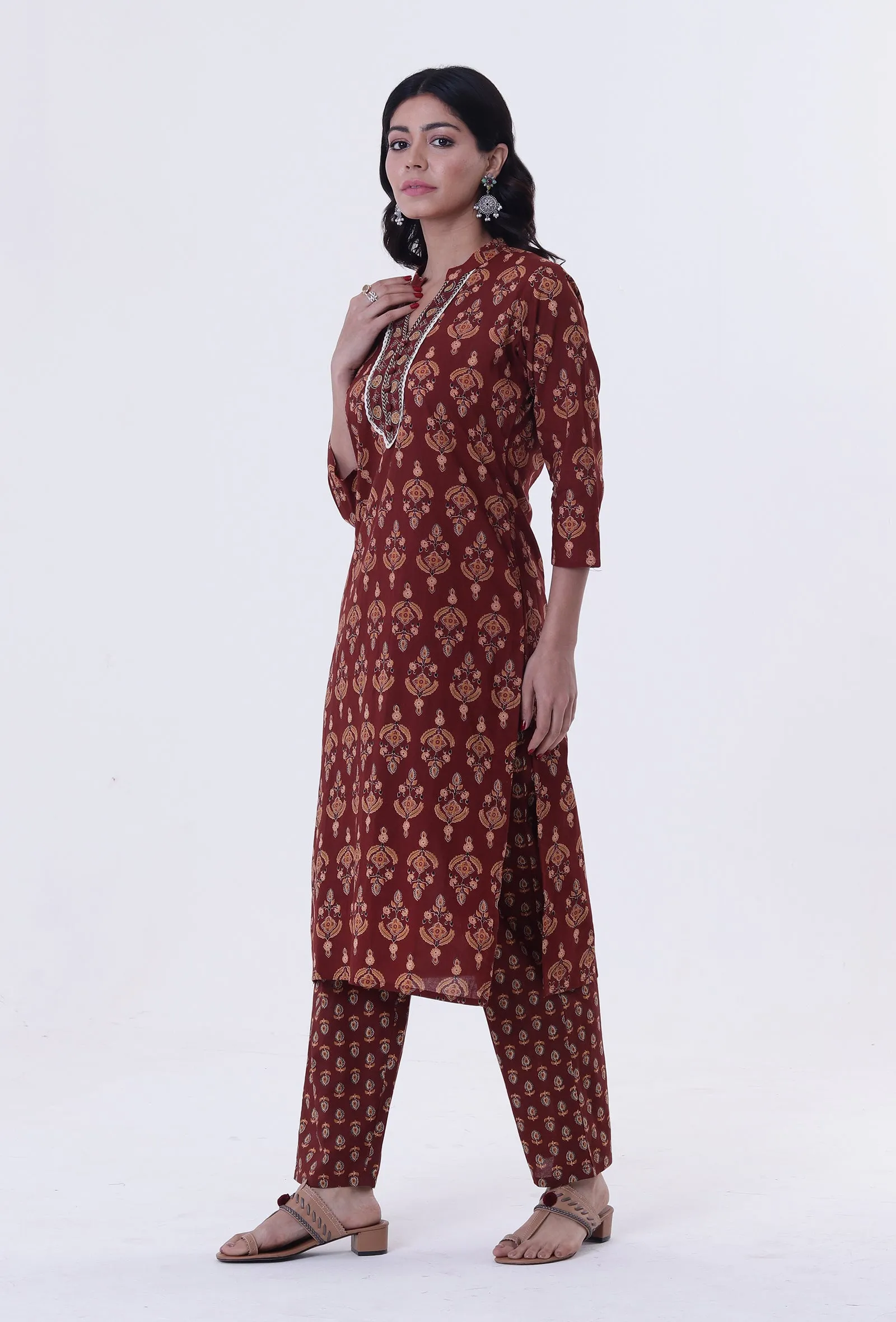 Red & Multicolor Cotton Block Printed Kurta