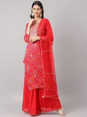 Red Chinon Hand Embroidery Kurta Sharara With Chiffon Dupatta