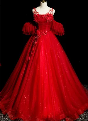 Red Tulle Ball Gown Off Shoulder Sweet 16 Formal Dresses, Red Evening Gown Party Dress