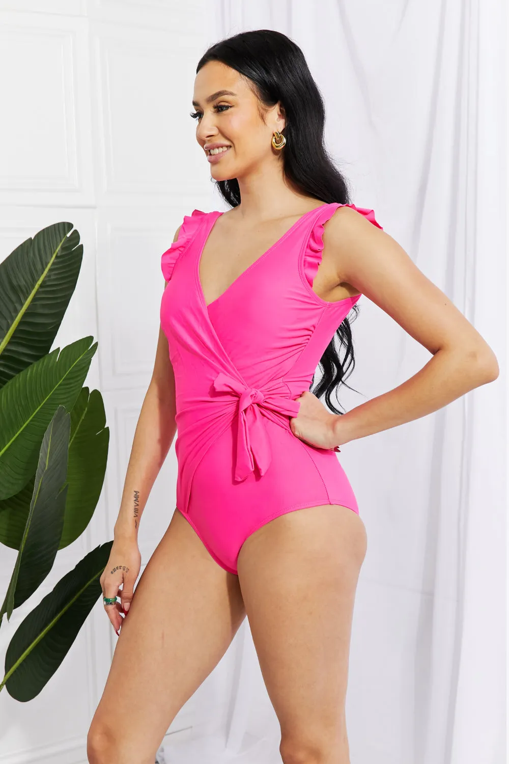 Ruffle Faux Wrap One-Piece in Pink