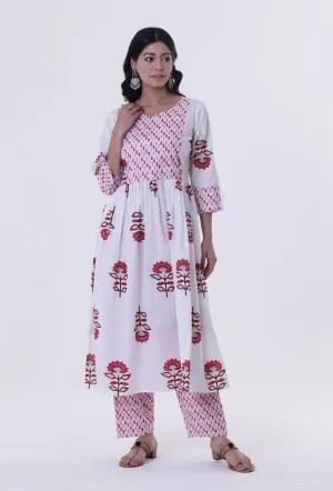 Set Of 2: White Cotton Block Printed With Red Motif Kurta & Pant