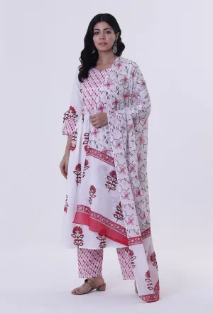 Set Of 3: White Cotton Block Printed With Red Motif Kurta, Pant & Dupatta