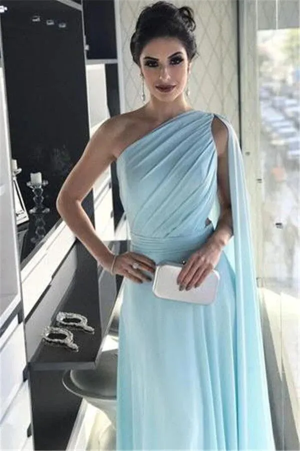 Sky Blue One Shoulder Train A-line Prom Evening Dress