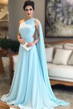 Sky Blue One Shoulder Train A-line Prom Evening Dress