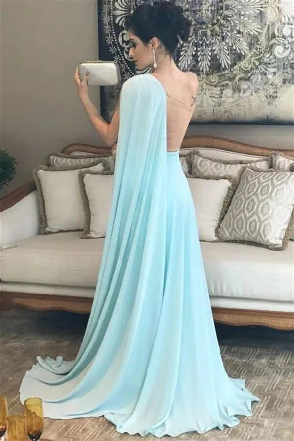 Sky Blue One Shoulder Train A-line Prom Evening Dress