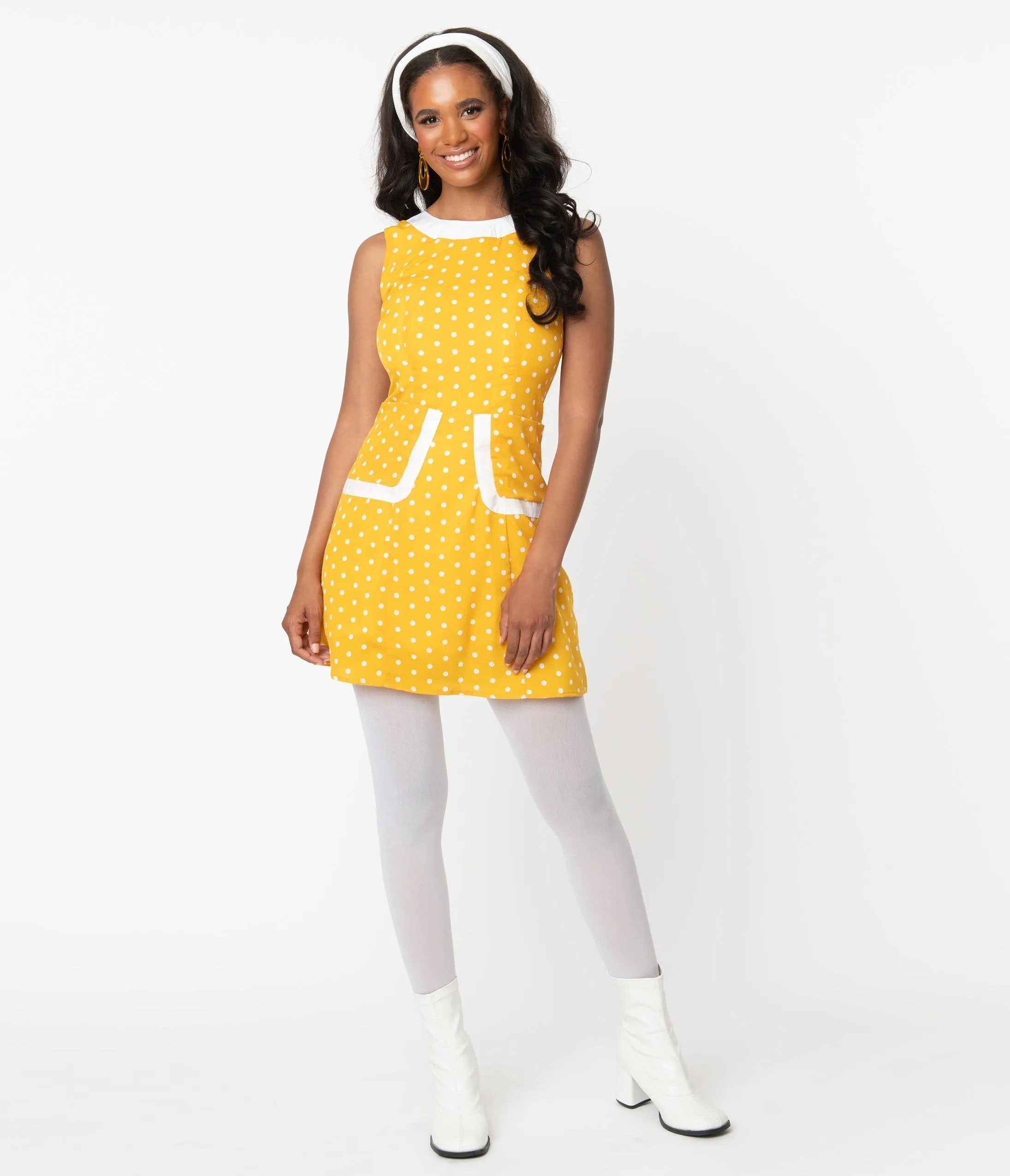 Smak Parlour 1960s Mustard & White Polka Dot Liberated Fit & Flare Dress