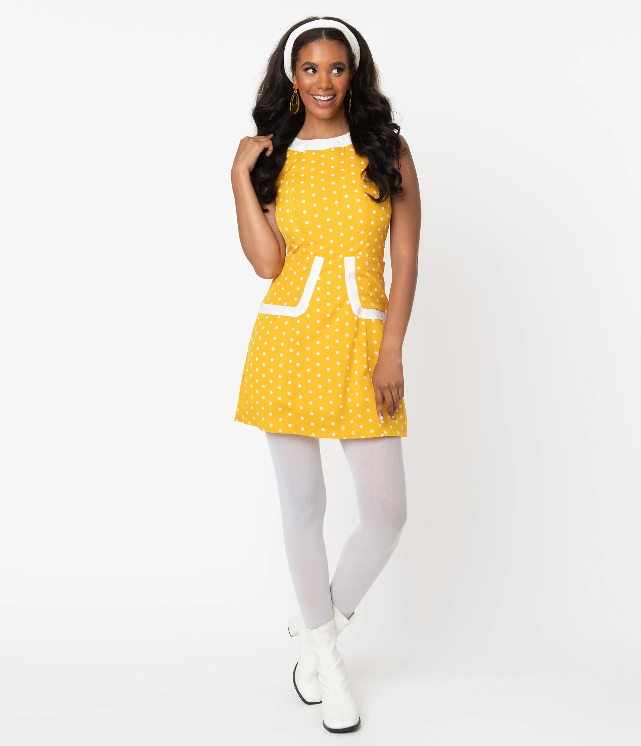 Smak Parlour 1960s Mustard & White Polka Dot Liberated Fit & Flare Dress