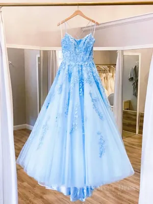 Spaghetti Straps Backless Blue Lace Prom Dresses Open Back Blue Lace Formal Evening Dresses