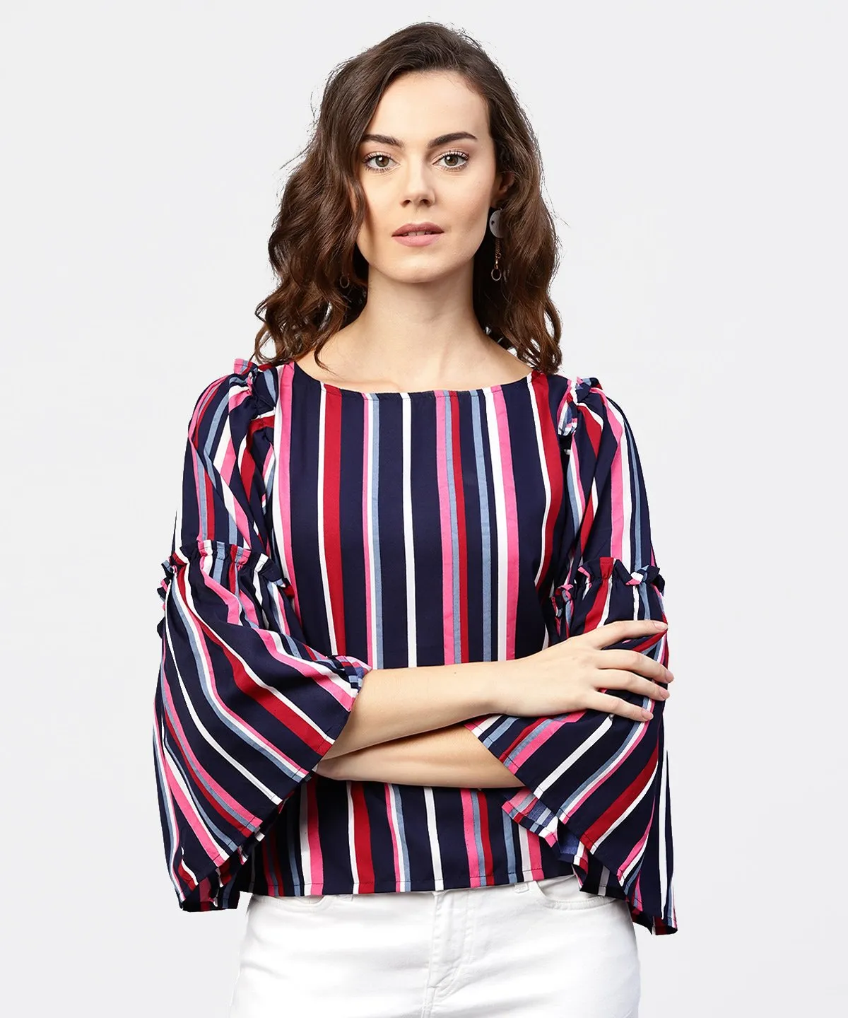 Striped Multi Printed Flared Sleeves Crepe Top