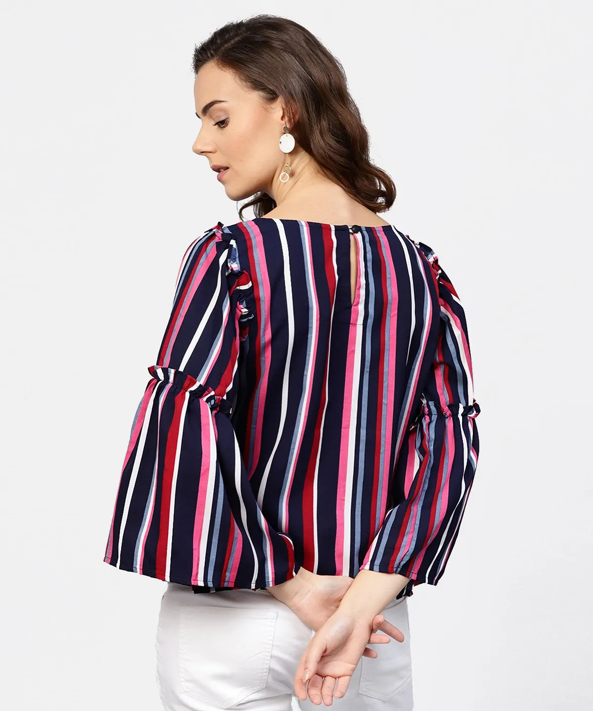 Striped Multi Printed Flared Sleeves Crepe Top