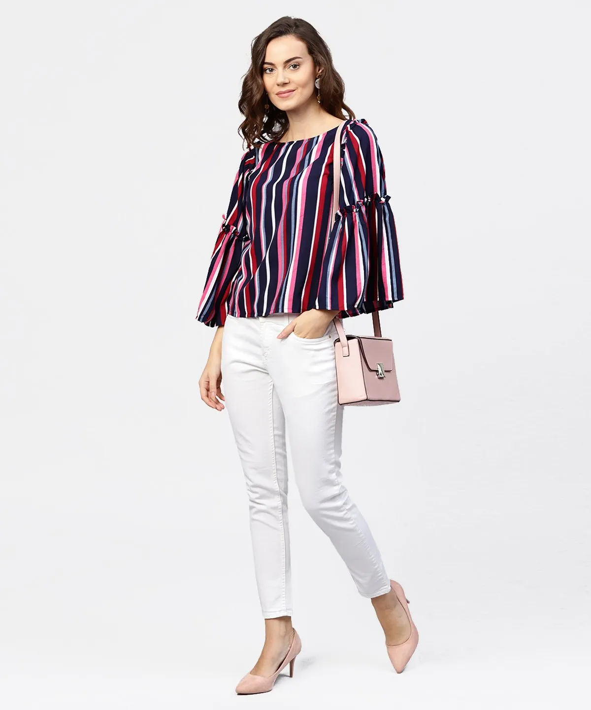 Striped Multi Printed Flared Sleeves Crepe Top