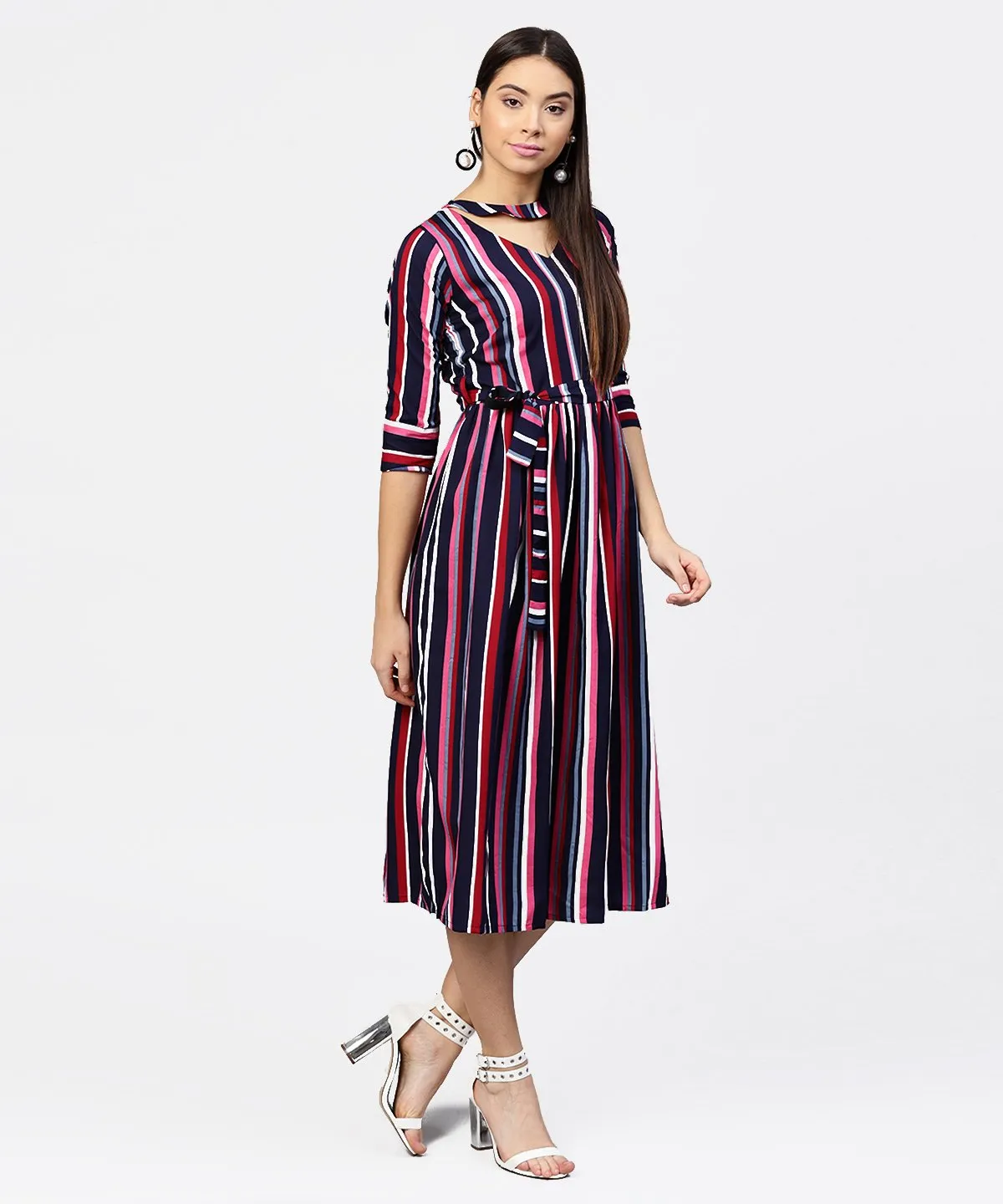 Striped Printed 3/4Th Sleeve Choker Neckline Full Length Dress With Belt