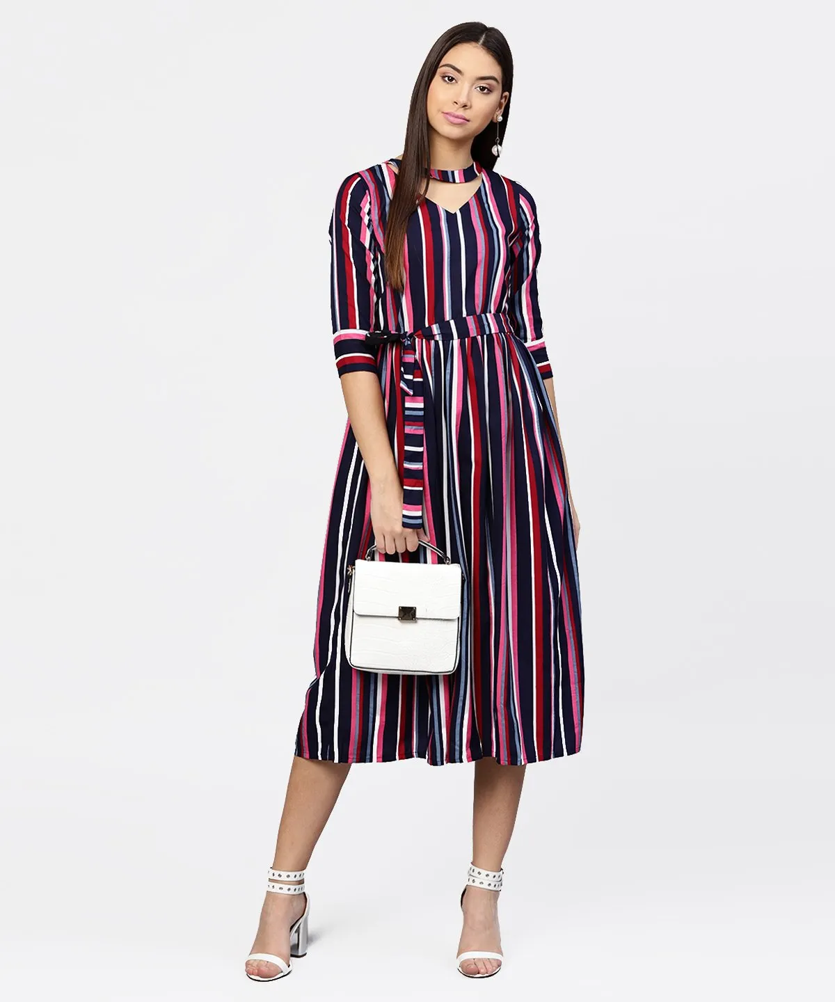 Striped Printed 3/4Th Sleeve Choker Neckline Full Length Dress With Belt