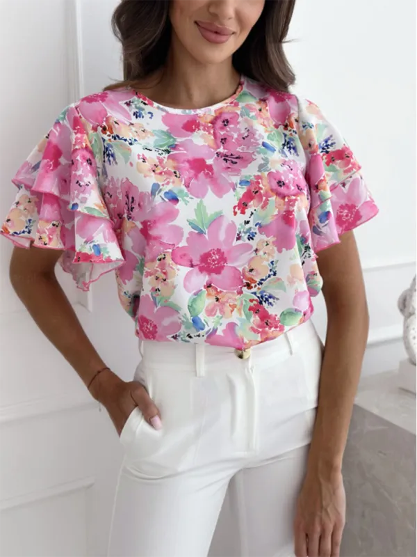 TEEK - Floral Ruffle Simple Short-Sleeve Top