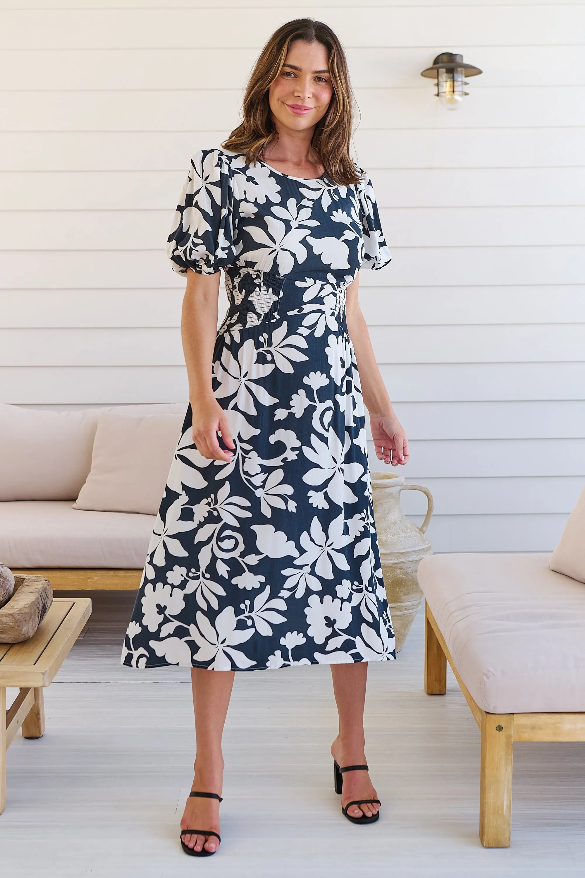 TeeTee Shirred Waist Bold Navy Floral Dress