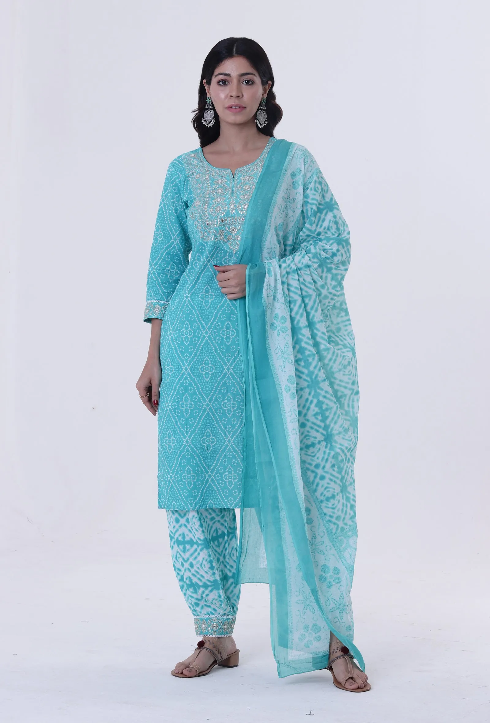 Turquoise & White Cotton Block Printed Dupatta