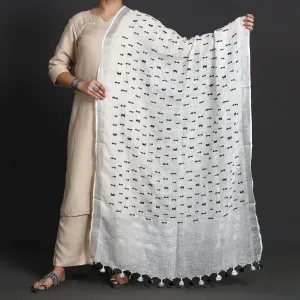 White - Pure Linen Hand Embroidery Dupatta with Tassels