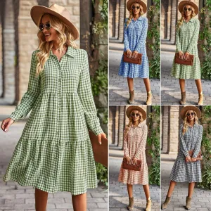 Wide Hem Long Sleeve Dress Plaid Casual Dress