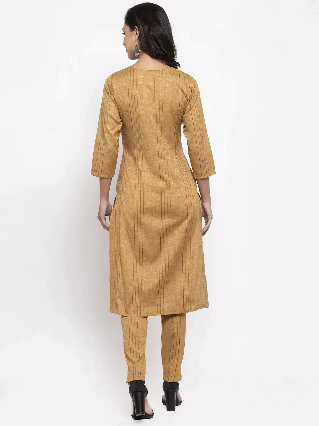 Women Beige & Black Striped Kurta With Trousers & Red Printed Dupatta