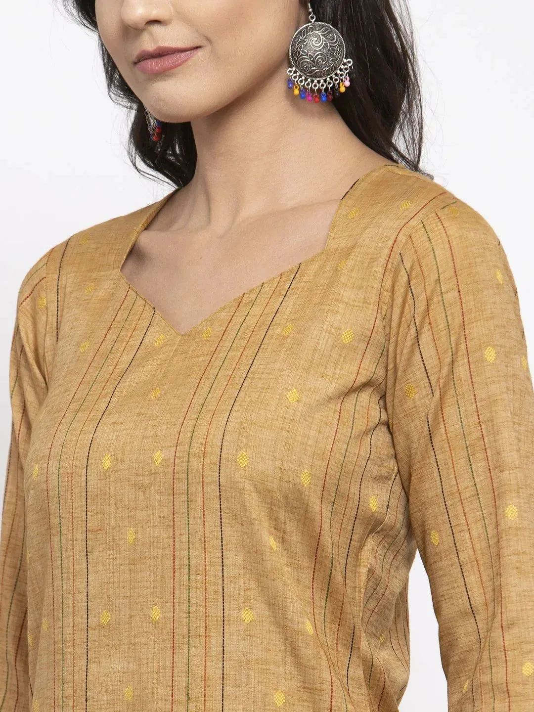 Women Beige & Black Striped Kurta With Trousers & Red Printed Dupatta