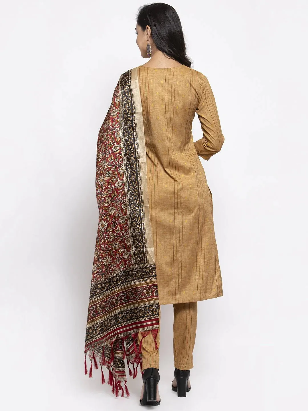 Women Beige & Black Striped Kurta With Trousers & Red Printed Dupatta