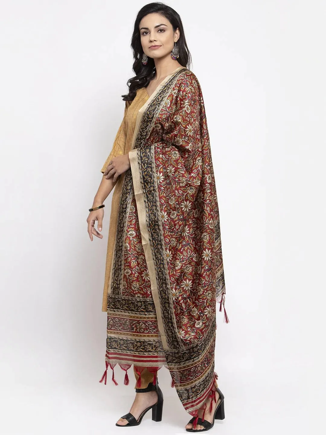 Women Beige & Black Striped Kurta With Trousers & Red Printed Dupatta