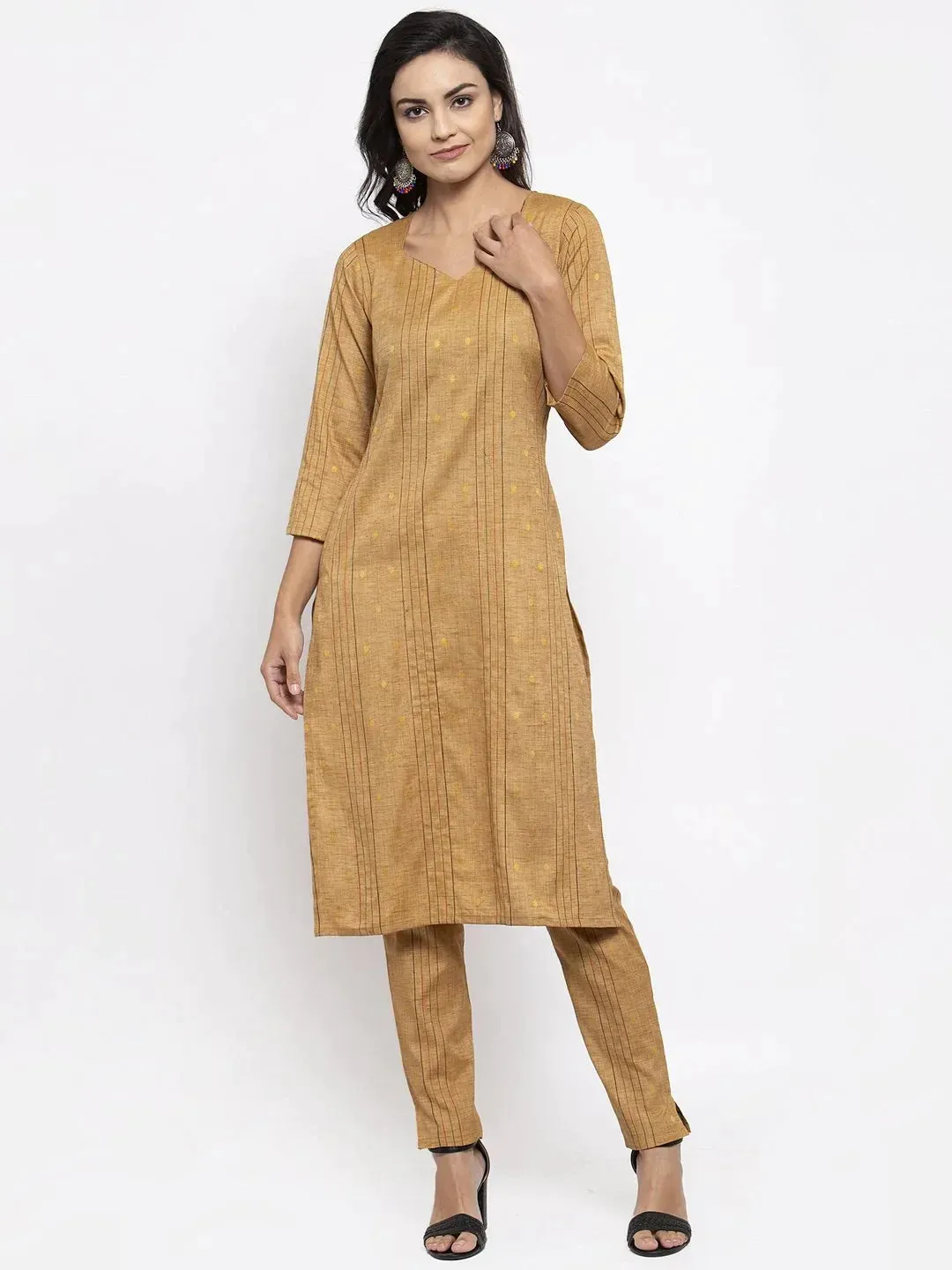 Women Beige & Black Striped Kurta With Trousers & Red Printed Dupatta