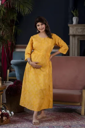 Women Yellow Printed Flared Maternity Dress