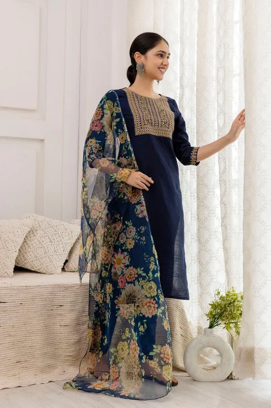 Womens Blue Cotton Silk Embroidery Kurta Pant Set With Dupatta