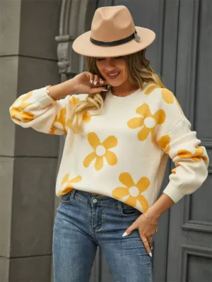 Women's Floral Print Loose Fit Round Neck Jumper