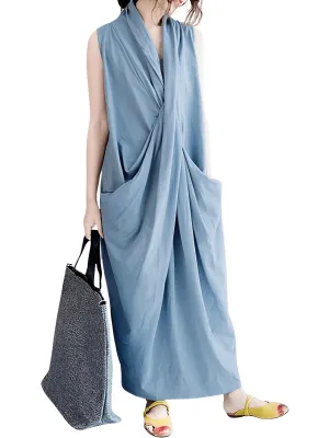 Women's Oversize Asymmetrical Maxi Dress V Neck Sleeveless Baggy Dress With Pockets