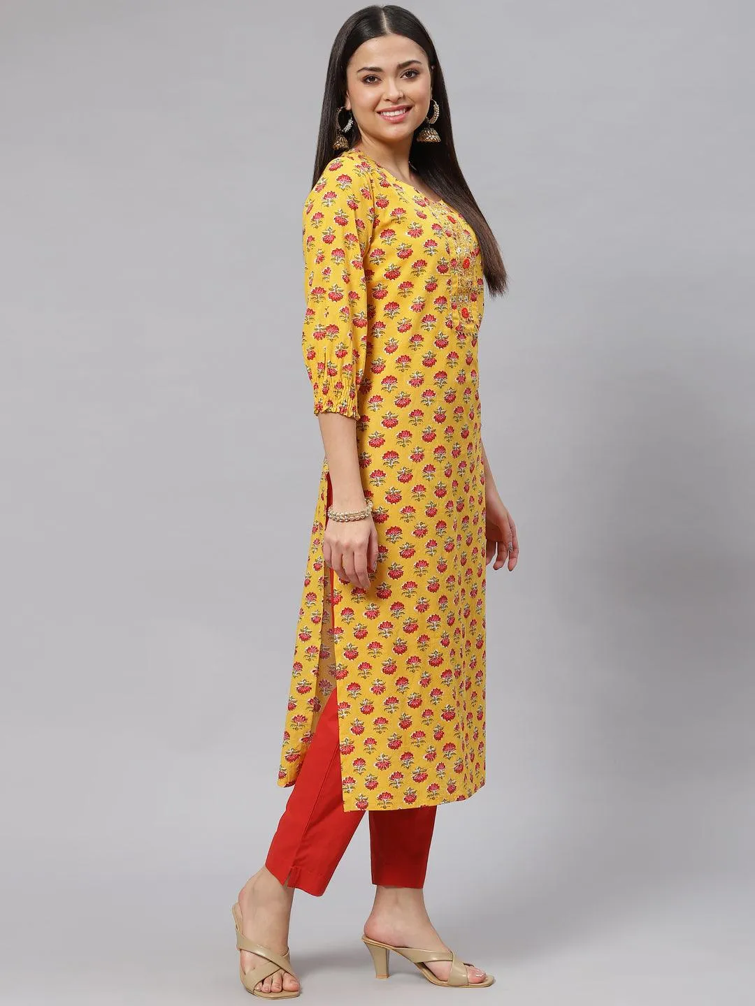 Yellow Floral Cotton Kurta Pant Set With Dupatta