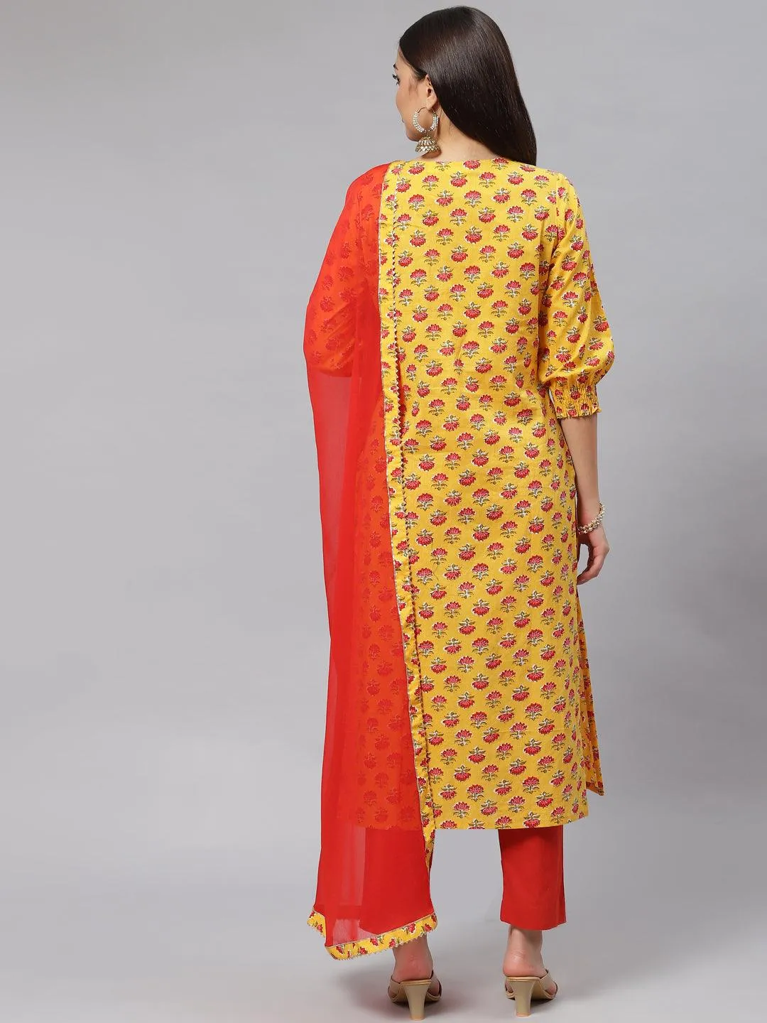 Yellow Floral Cotton Kurta Pant Set With Dupatta