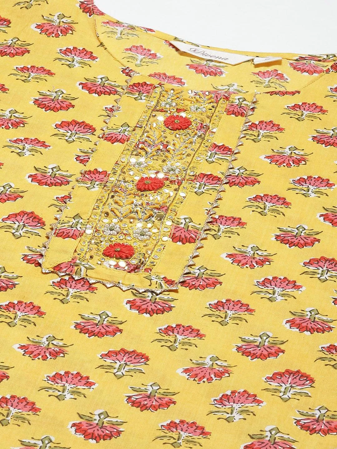 Yellow Floral Cotton Kurta Pant Set With Dupatta