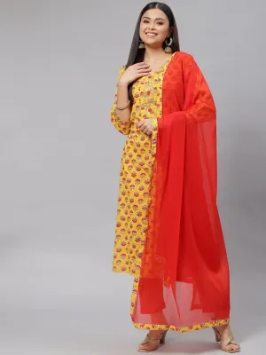 Yellow Floral Cotton Kurta Pant Set With Dupatta