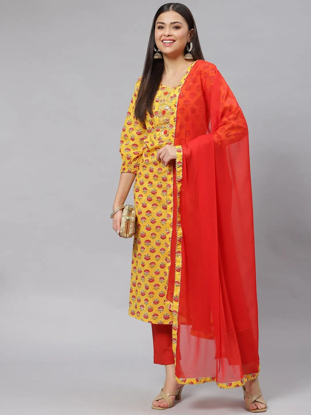 Yellow Floral Cotton Kurta Pant Set With Dupatta